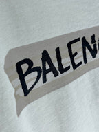 White Balenciaga T-shirt with large black BALENCIAGA logo near neckline