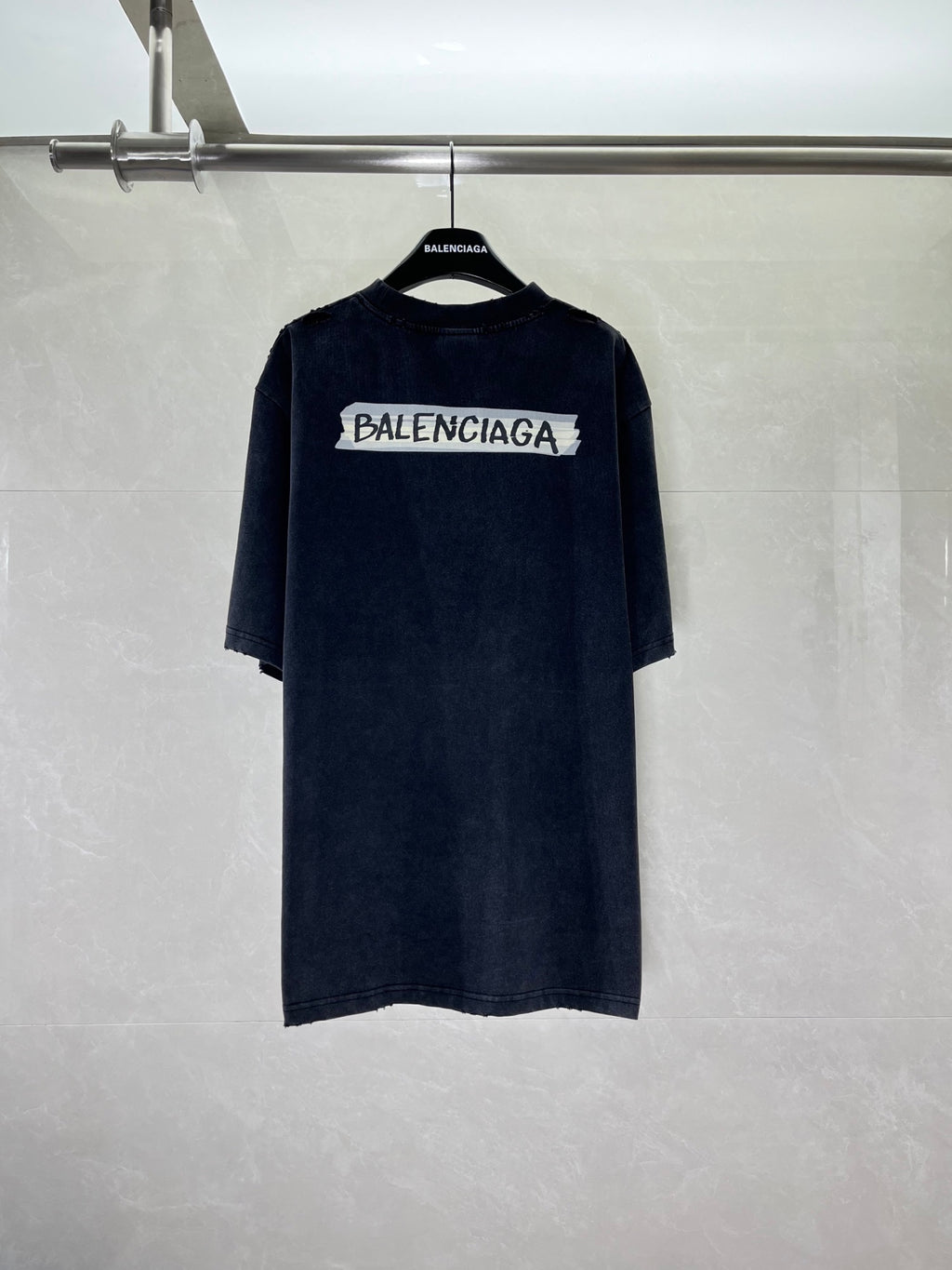 Short-sleeve T-shirt in dark navy with large BALENCIAGA logo patch on chest
