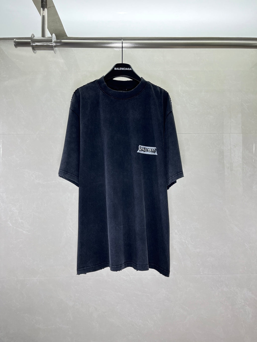 Short-sleeve T-shirt in dark navy with small BALENCIAGA chest graphic