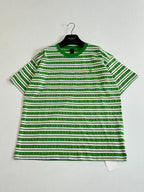 Green and white striped short-sleeve T-shirt with crew neck and hem tag
