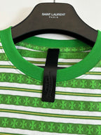 Green crew neck T-shirt with white stripes and small pattern; SAINT LAURENT PARIS label