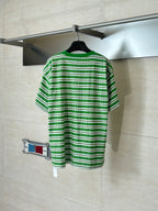 Green striped short-sleeve T-shirt on hanger, crew neck, logo at chest back