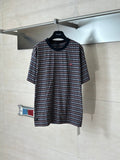 Crew-neck short-sleeve T-shirt with black, white, and red striped pattern