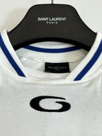 Balenciaga jersey neckline with black SAINT LAURENT PARIS hang label and blue-striped trim