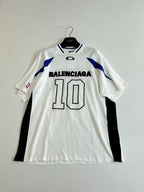 Balenciaga white short-sleeve jersey with BALENCIAGA text and number 10, blue accents
