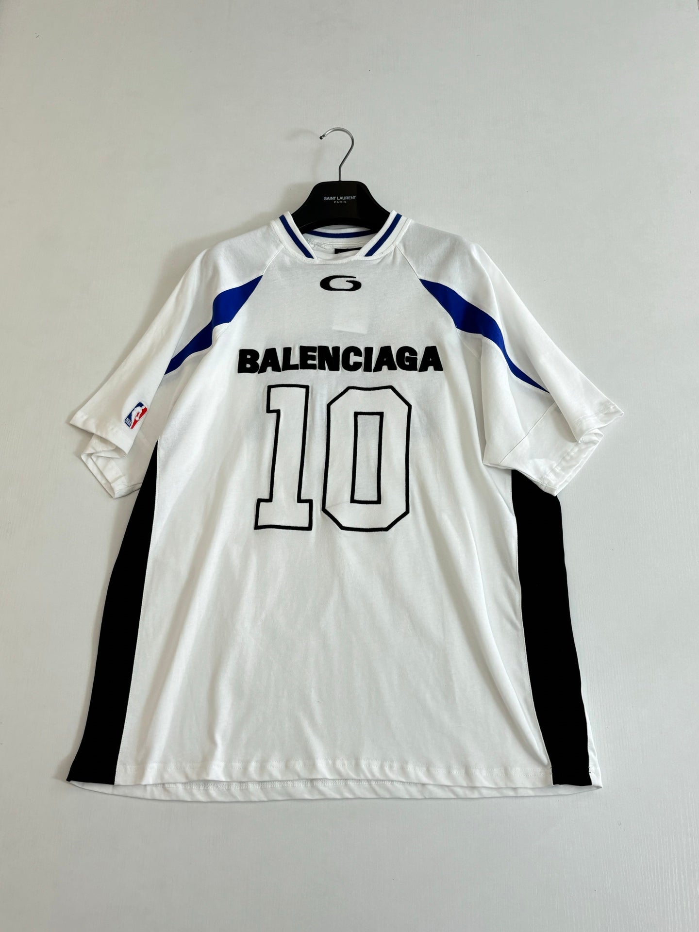 Balenciaga white short-sleeve jersey with BALENCIAGA text and number 10, blue accents