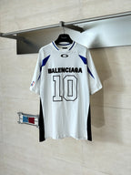 Balenciaga short-sleeve jersey with BALENCIAGA text and large 10 graphic, white and blue