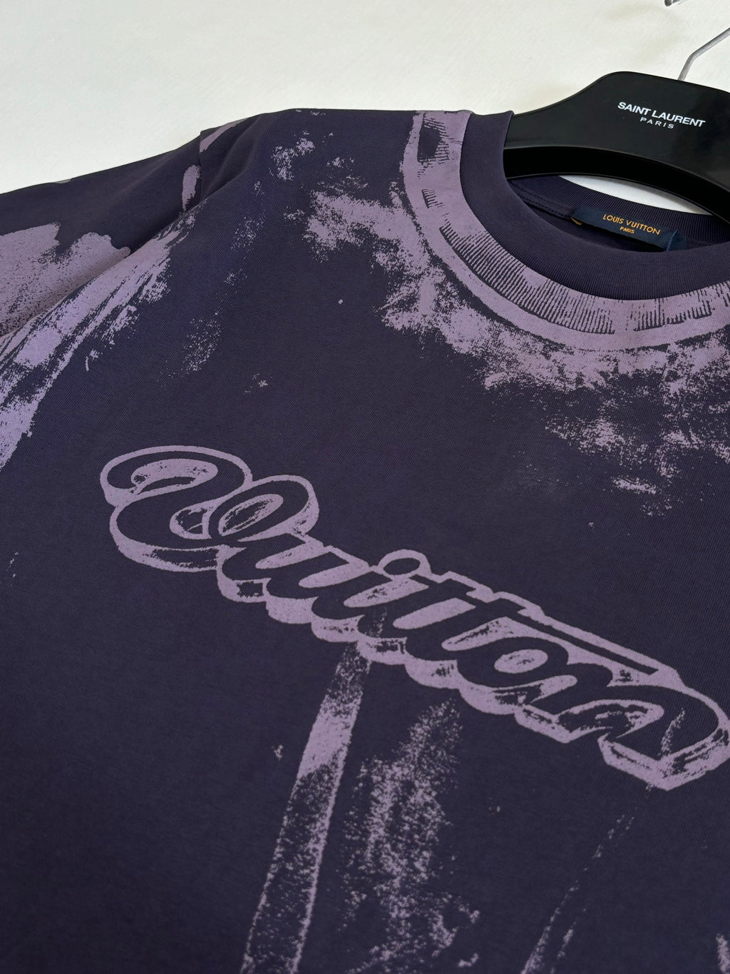 Louis Vuitton T-shirt front close-up of purple logo print