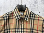 Burberry plaid button-up shirt, front view, beige with navy and red check pattern