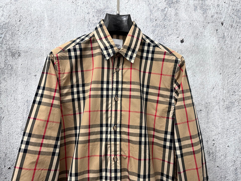Burberry long-sleeve button-up shirt front, beige plaid with navy and red lines
