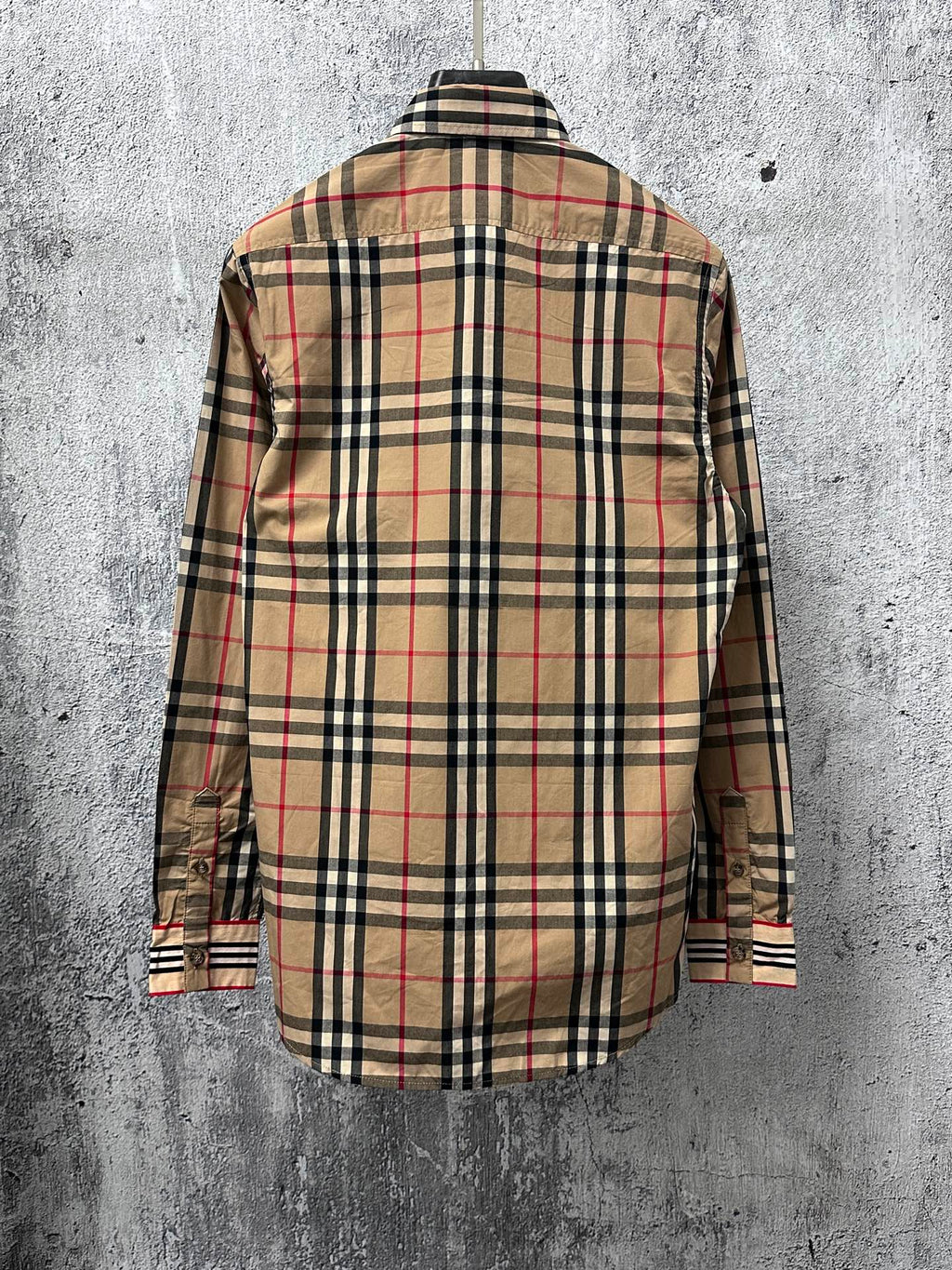 Burberry long-sleeve button-up shirt, back view, beige plaid with navy and red lines