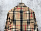 Plaid long-sleeve button-up shirt, back yoke and collar, tan black red checks