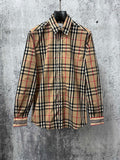 Burberry long-sleeve button-up shirt in beige plaid with navy and red stripes at cuffs