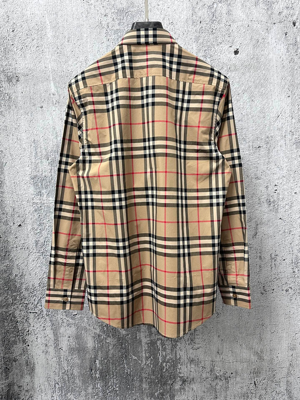 Plaid long-sleeve button-up shirt, full back view
