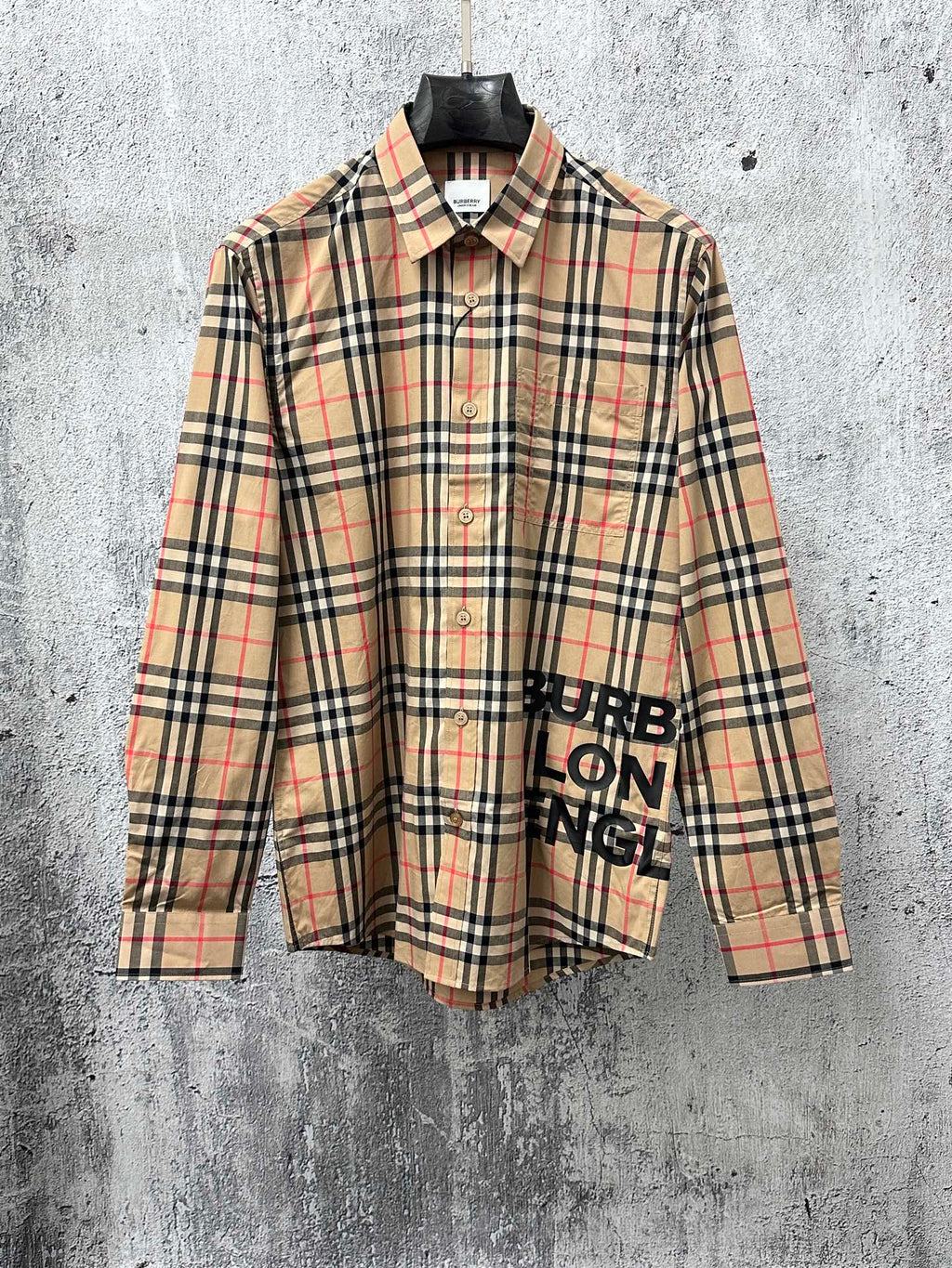 Burberry plaid long-sleeve button-up shirt with pointed collar, beige, black, red check