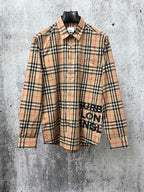 Burberry plaid long-sleeve button-up shirt with pointed collar, beige, black, red check