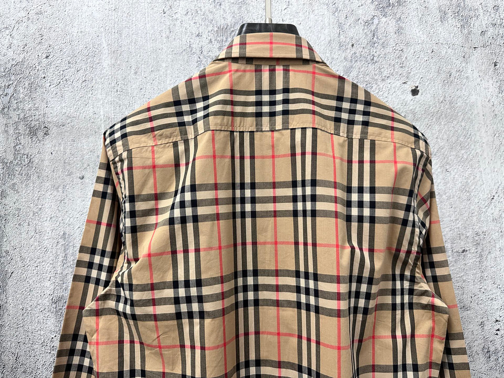 Burberry plaid shirt back view with yoke seam and logo graphic
