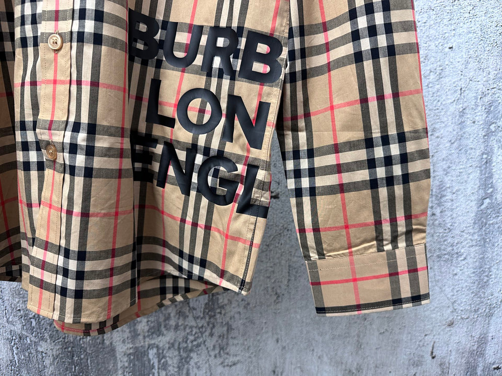 Burberry plaid shirt sleeve and chest logo graphic, button cuffs