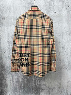 Burberry plaid long-sleeve button-up shirt, beige with black and red check, back view