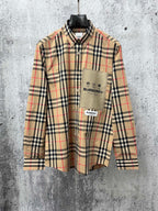 Burberry check long-sleeve shirt in tan, black and red, front with pocket