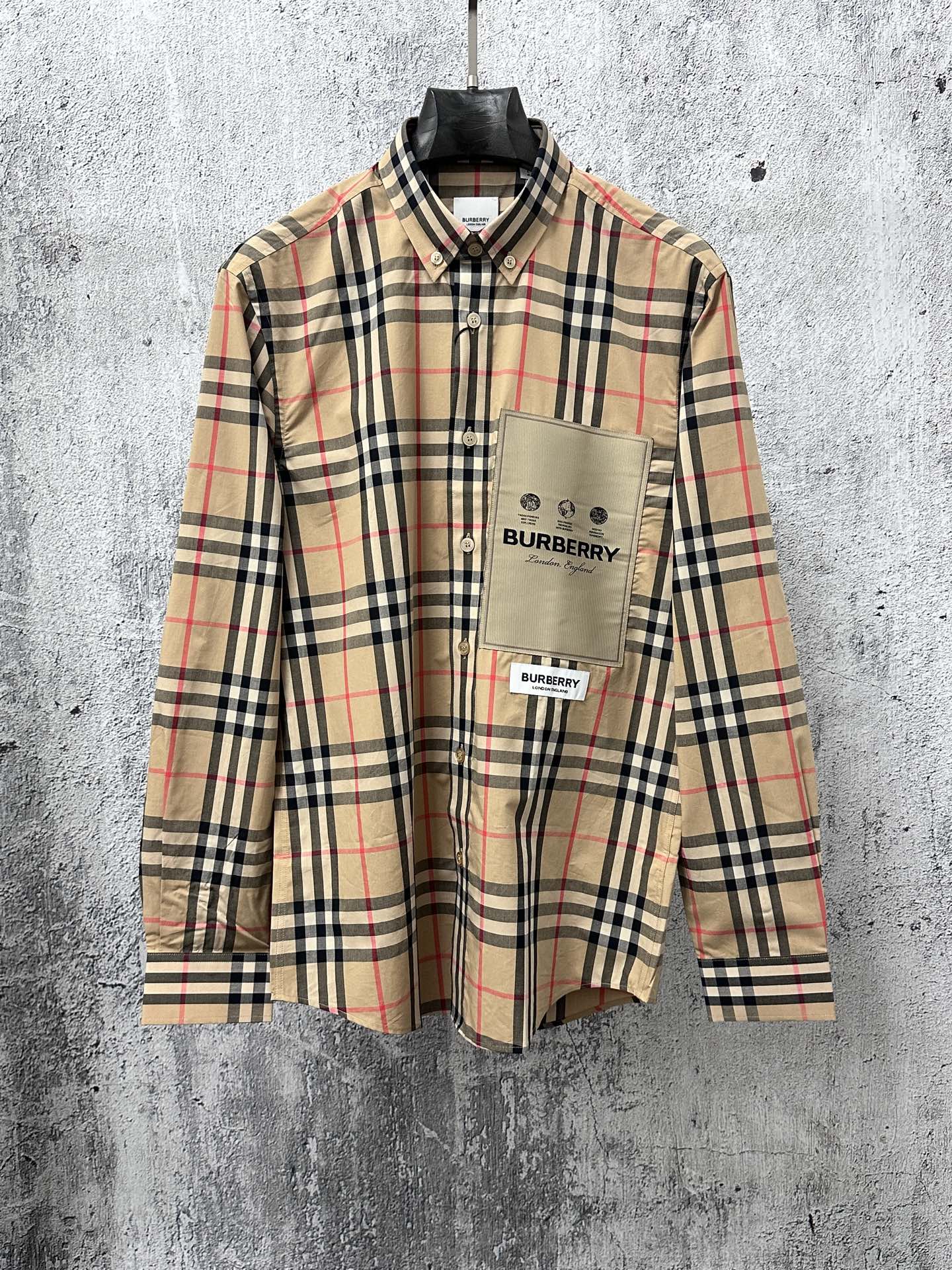 Burberry check long-sleeve shirt in tan, black and red, front with pocket