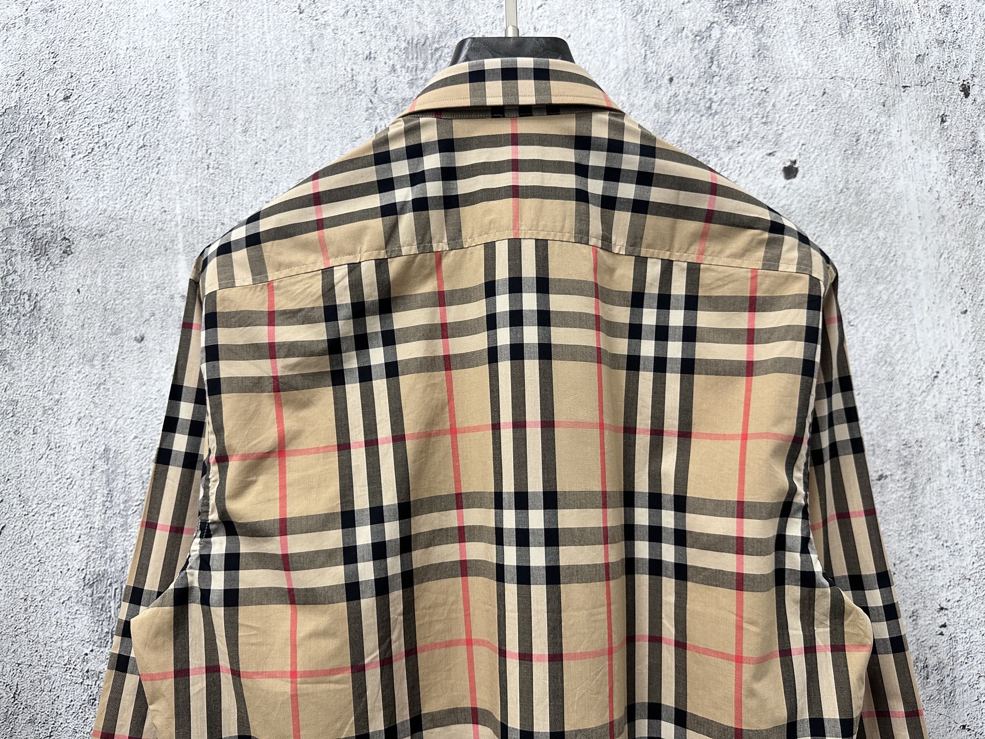Burberry plaid button-up shirt, back view with yoke seam and long sleeves