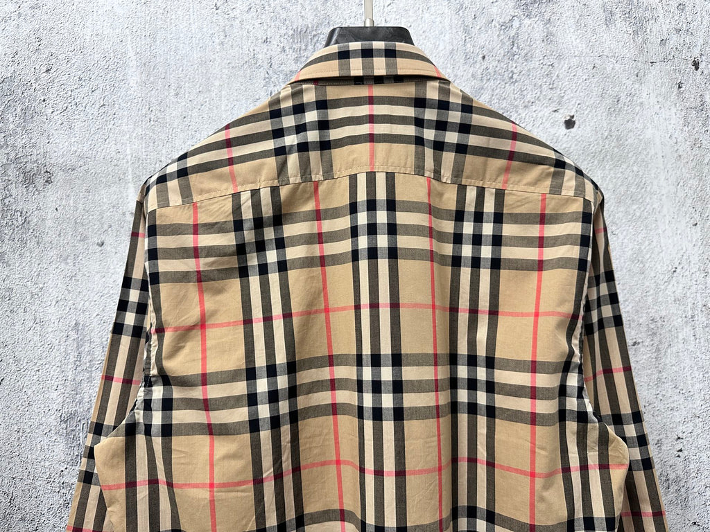 Burberry check long-sleeve shirt in tan black and red, back with yoke