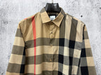 Plaid long-sleeve shirt front, beige with black and red check block pattern