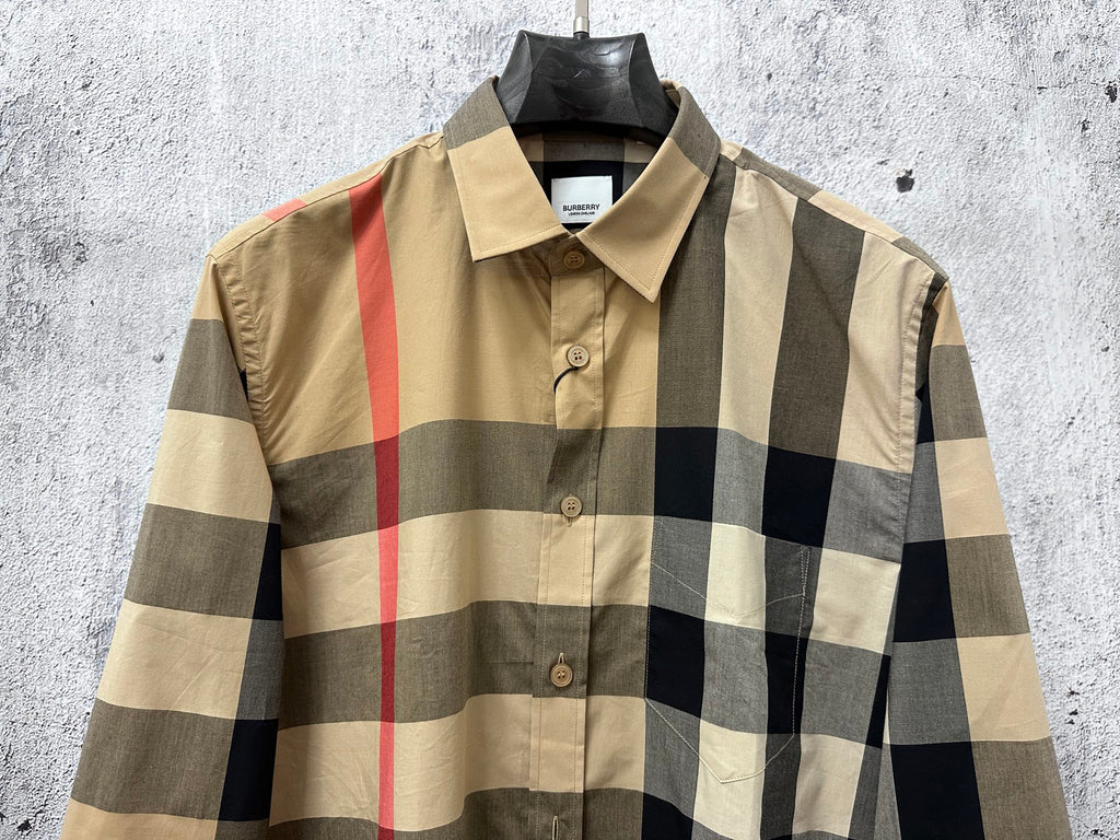 Burberry plaid long-sleeve button-up shirt, beige with black and red checks
