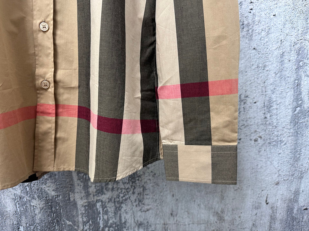 Plaid long-sleeve shirt sleeve cuff, beige with black and red check blocks
