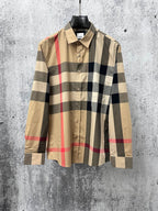 Plaid long-sleeve shirt, beige with black and red block stripes