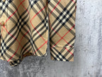 Burberry plaid long-sleeve shirt cuffs and hem, beige with navy and red plaid.