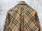 Burberry plaid long-sleeve shirt back view with yoke seam, beige navy and red plaid.