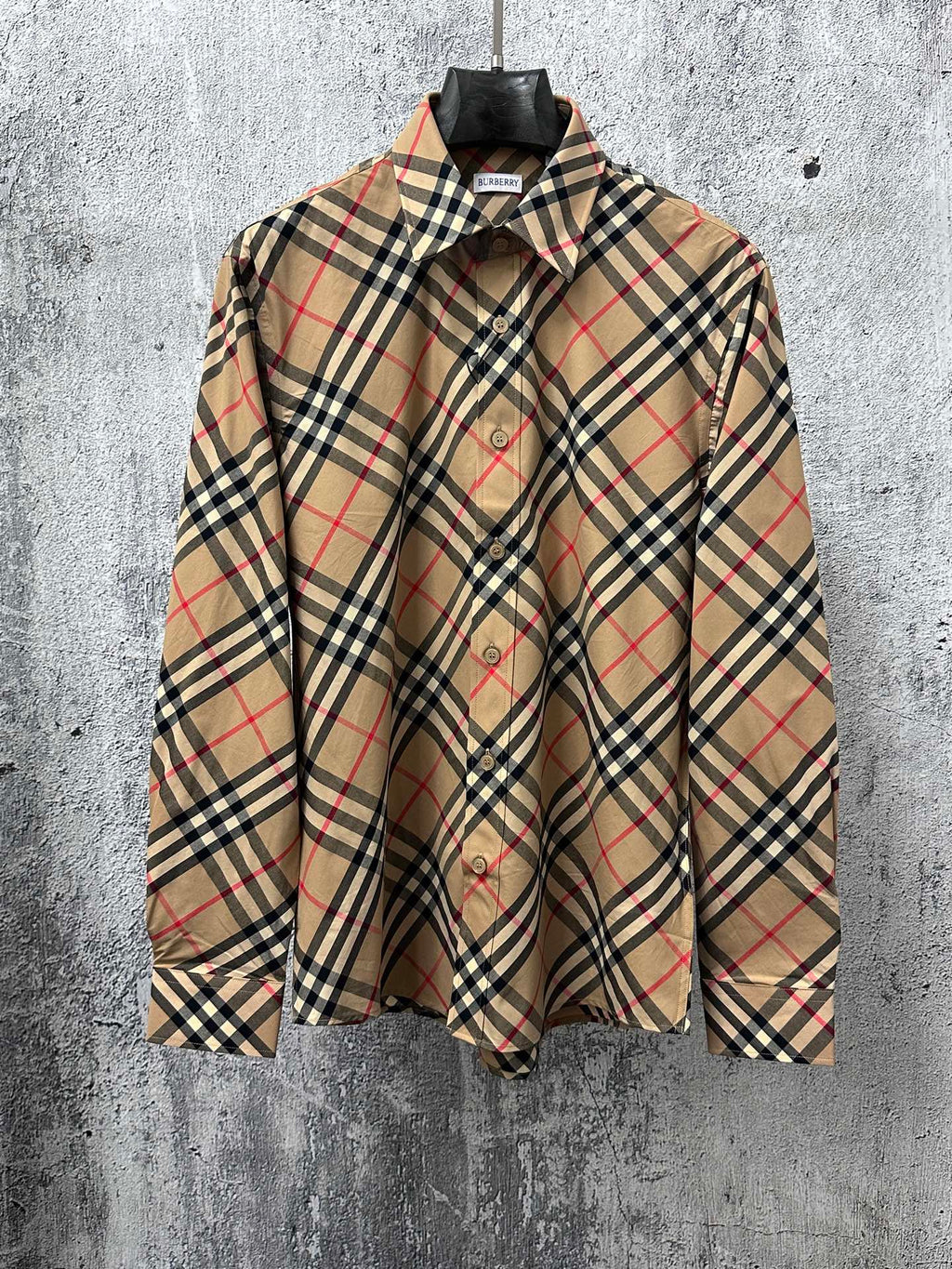 Burberry plaid long-sleeve button-up shirt with pointed collar and beige, black, red pattern