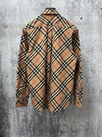 Burberry plaid long-sleeve shirt, back view, beige with navy and red check pattern.