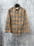 Burberry beige plaid long-sleeve shirt with button front and pointed collar