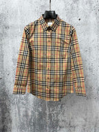Burberry beige plaid long-sleeve shirt with button front and pointed collar