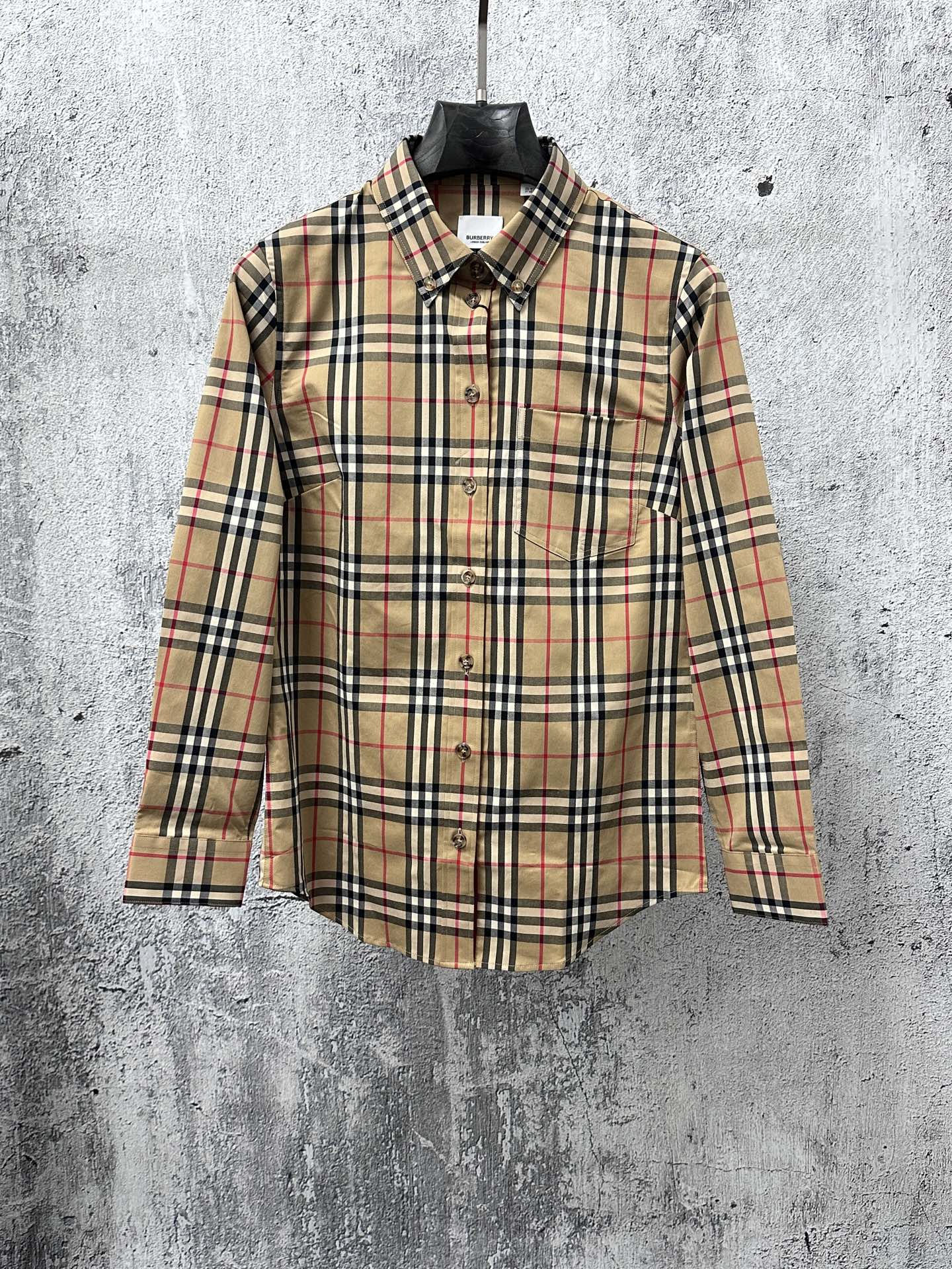 Burberry beige plaid long-sleeve shirt with button front and pointed collar