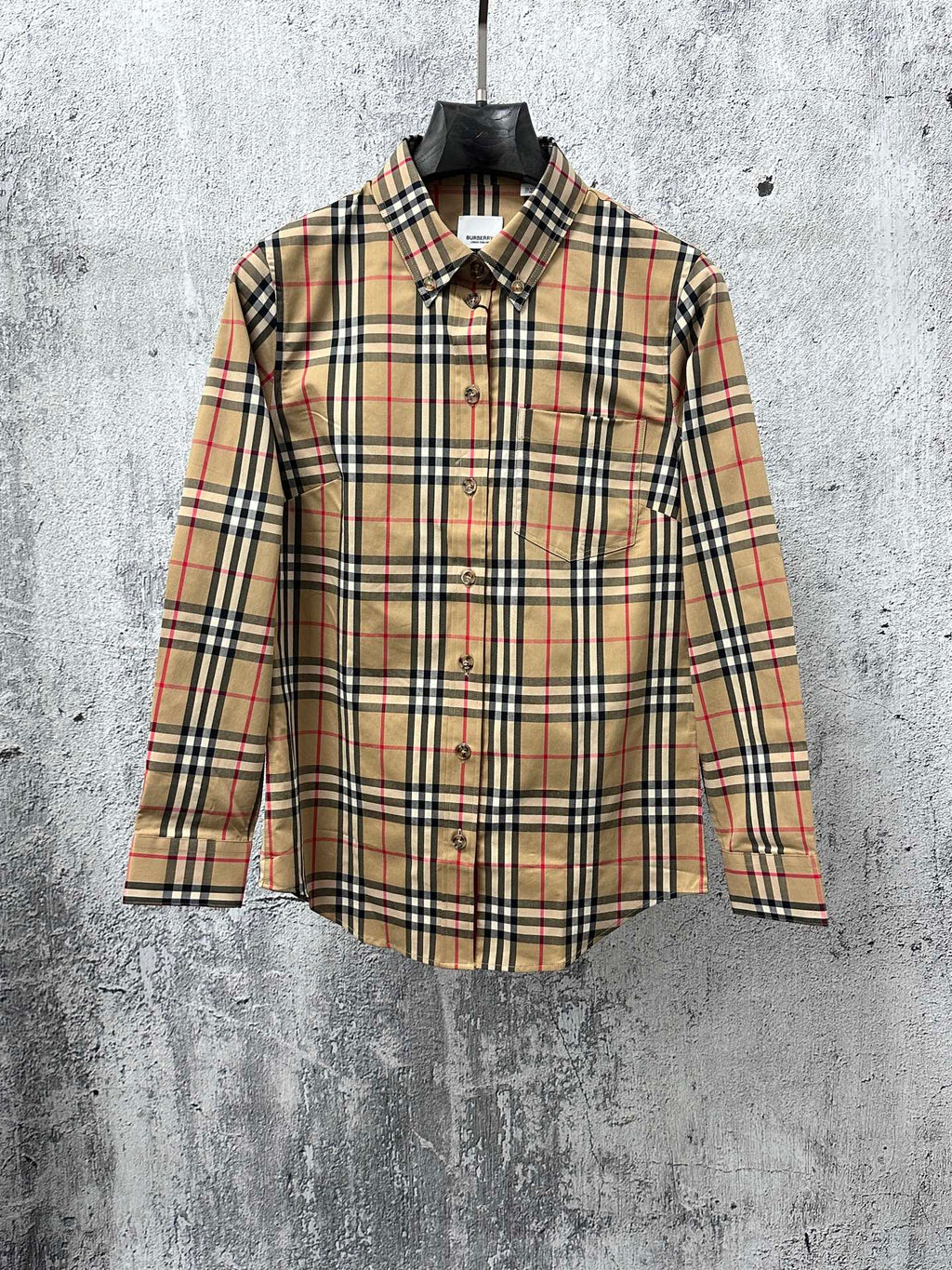 Burberry long-sleeve plaid shirt in beige, navy, and red with button front