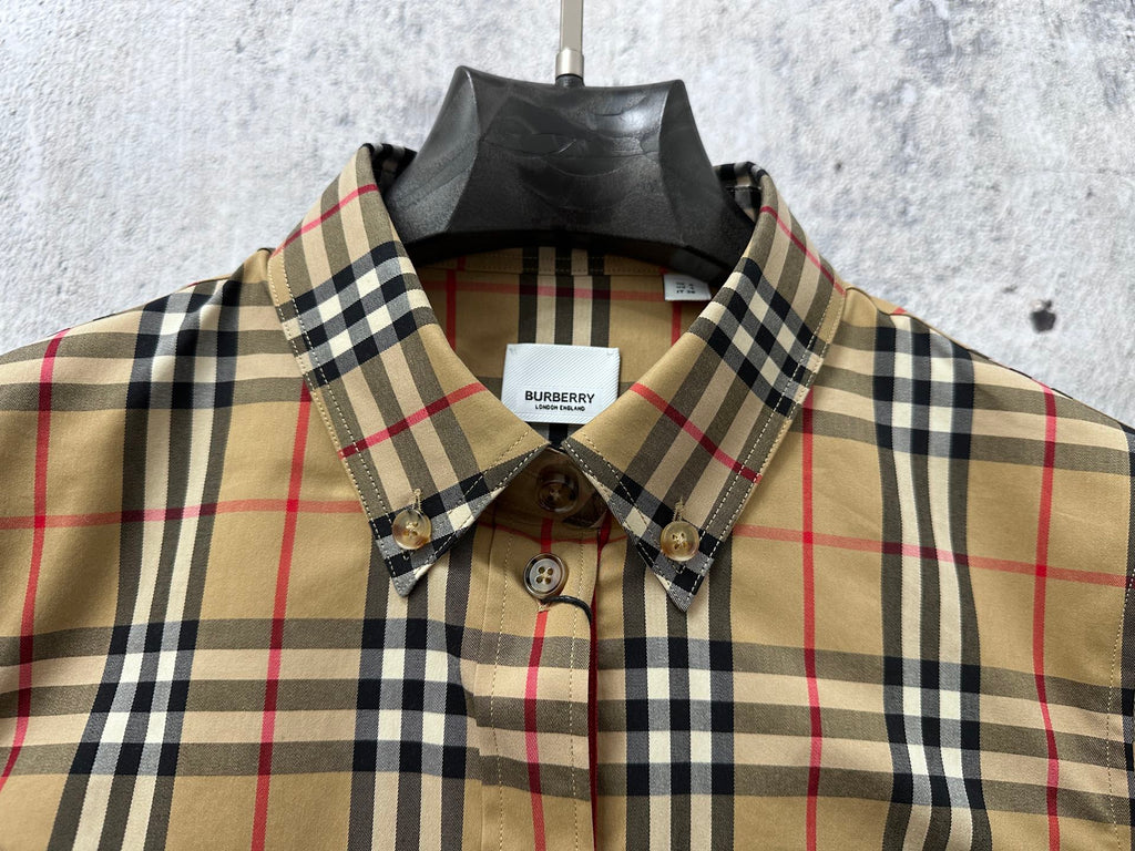 Burberry beige plaid long-sleeve shirt neckline with button front