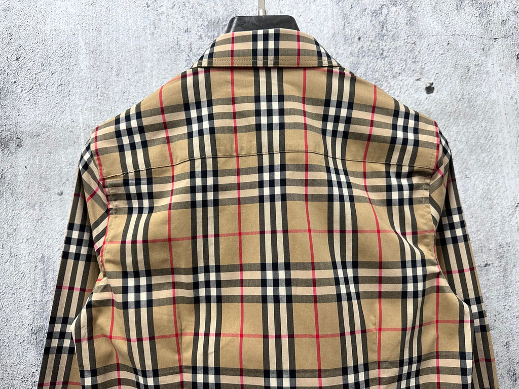 Burberry beige plaid long-sleeve shirt back with yoke and shoulder seams