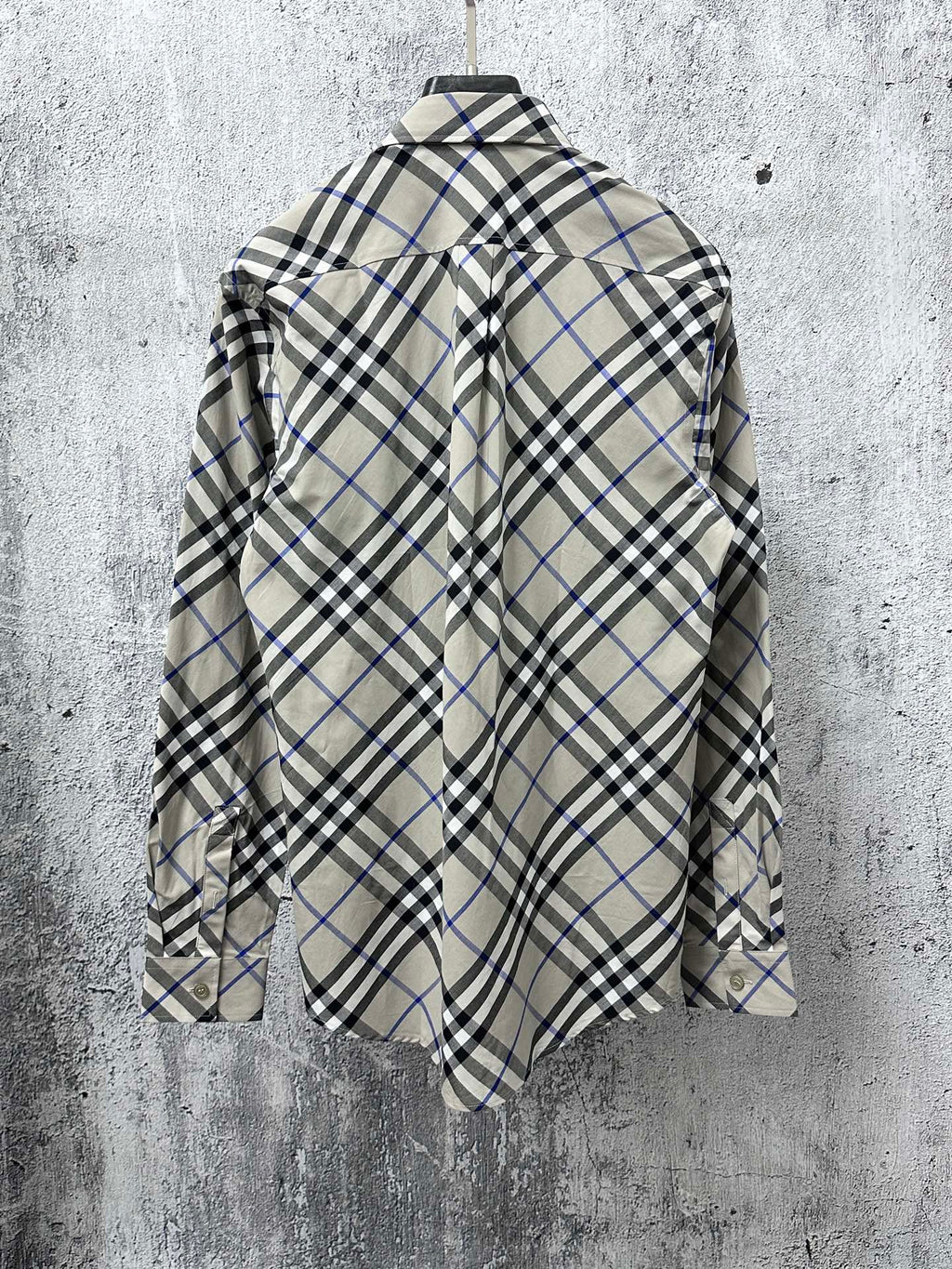 Burberry plaid button-up shirt back view with yoke and button details