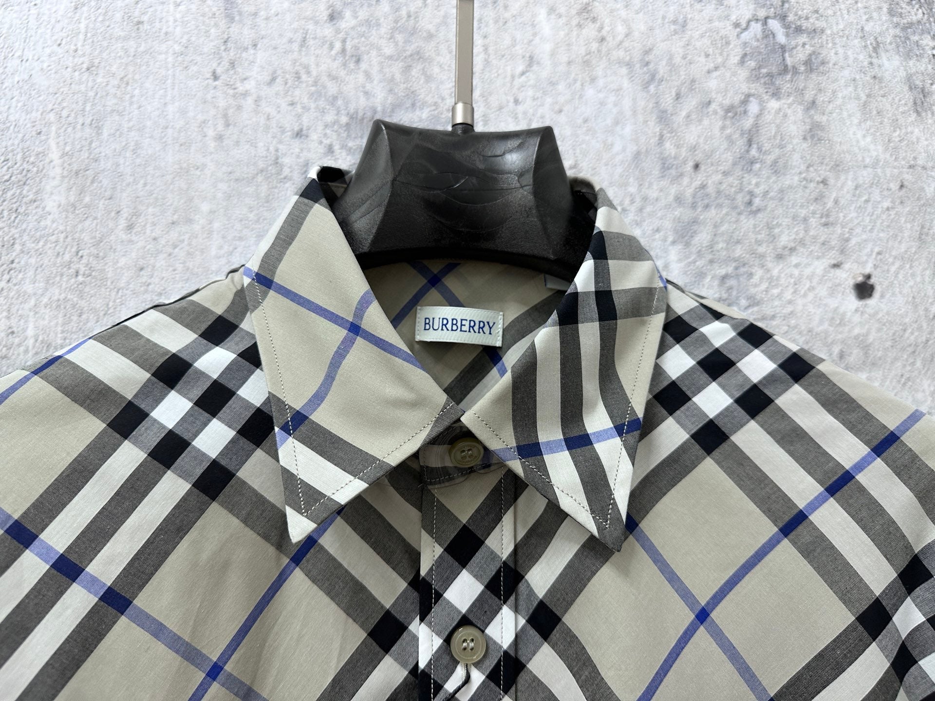 Burberry plaid shirt neck tag and collar with button placket