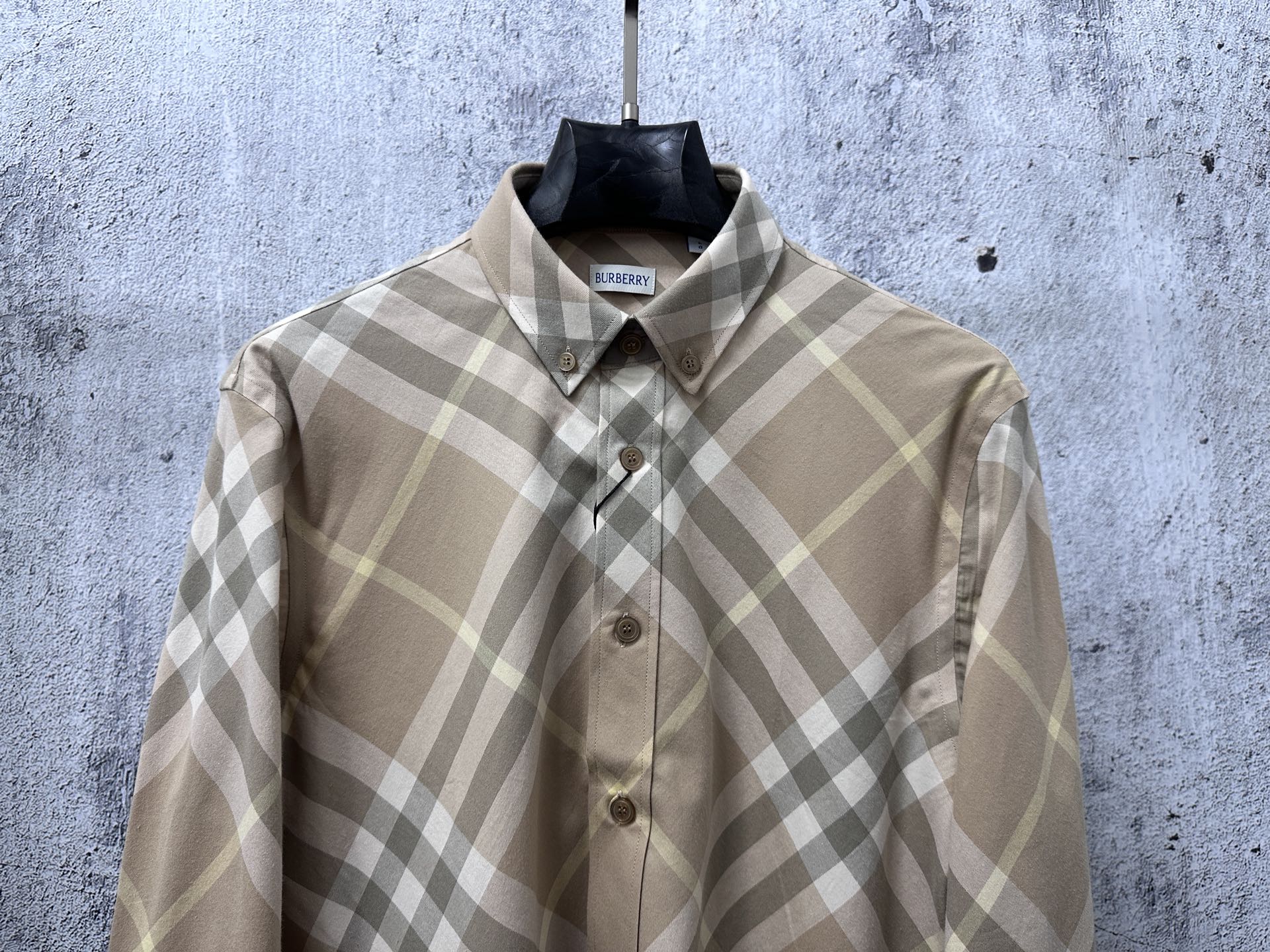 Burberry plaid button-up shirt front, tan and light gray diamond check