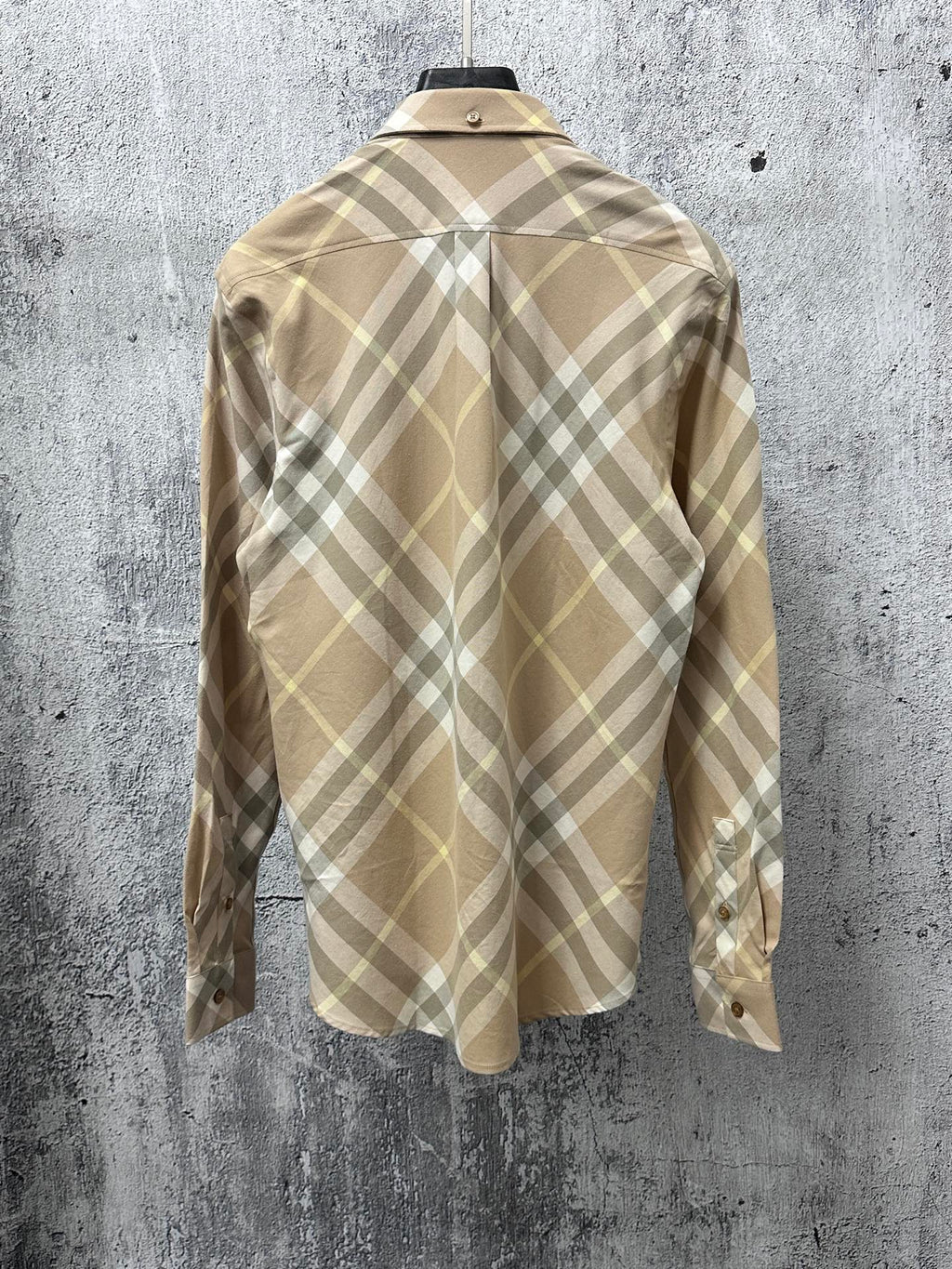 Burberry long-sleeve plaid button-up shirt, beige and light gray, back view