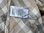 Burberry plaid long-sleeve shirt interior tag and button, beige and light gray