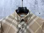 Burberry plaid button-up shirt with stand collar, tan and light gray check