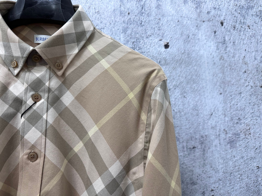 Burberry plaid button-up shirt collar and chest buttons, tan and gray check