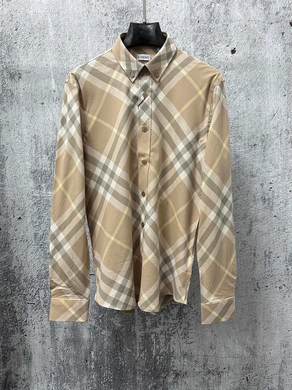 Burberry plaid button-up shirt in tan with light gray check, long sleeves