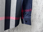 Plaid shirt side with long cuff and buttons, navy, white, and red check